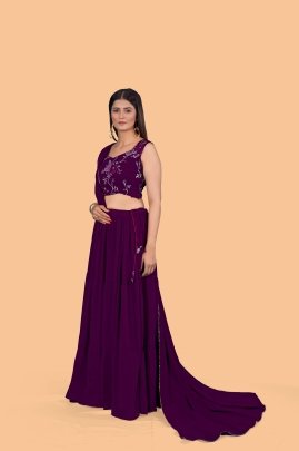 Stunning Plain Georgette Wine Lehenga with Embroidered Stitched Blouse