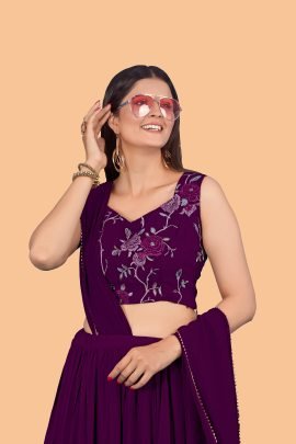 Stunning Plain Georgette Wine Lehenga with Embroidered Stitched Blouse
