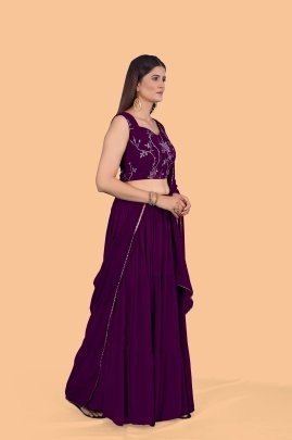 Stunning Plain Georgette Wine Lehenga with Embroidered Stitched Blouse