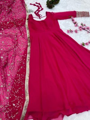 Stunning Rani Pink Georgette Gown With Heavy Dupatta