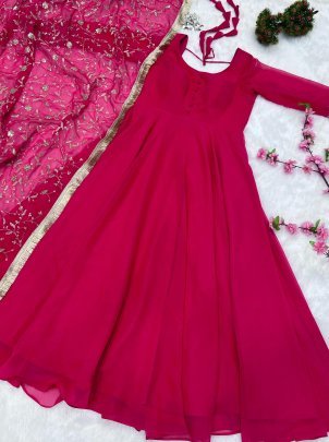 Stunning Rani Pink Georgette Gown With Heavy Dupatta