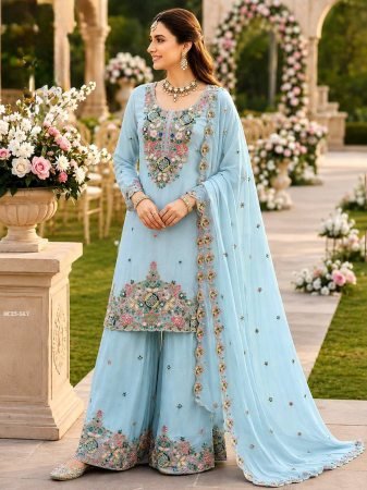 Stunning Sky Blue Mul Chanderi Palazzo Suit