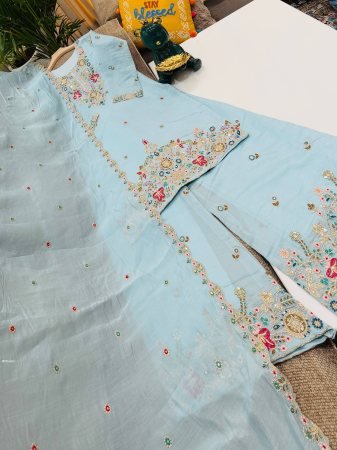 Stunning Sky Blue Mul Chanderi Palazzo Suit