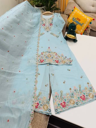 Stunning Sky Blue Mul Chanderi Palazzo Suit