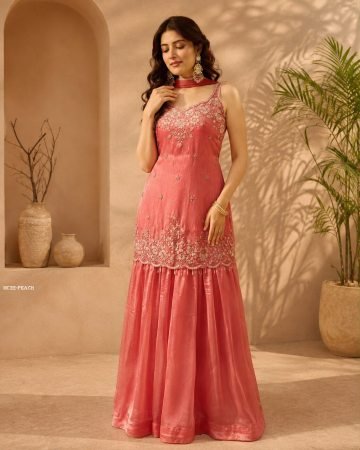 Stunning Sleeveless Party Wear Peach Sharara Suit 