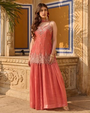 Stunning Sleeveless Party Wear Peach Sharara Suit