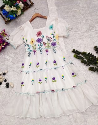 Stunning White Lily Georgette Midi Western One Piece