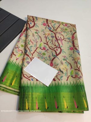 Stylish Apple Green color tussar silk saree with digital printed work
