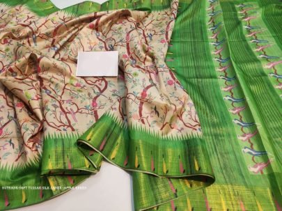 Stylish Apple Green color tussar silk saree with digital printed work