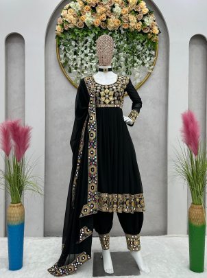 Stylish Black georgette embroidery and mirror work designer dhoti style suit
