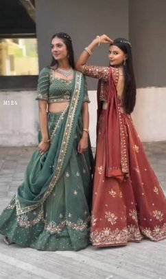 Stylish Chinon  Teal Green Sequence Lehenga by Fab Funda