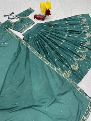 Stylish Chinon  Teal Green Sequence Lehenga by Fab Funda