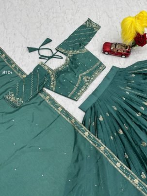 Stylish Chinon  Teal Green Sequence Lehenga by Fab Funda