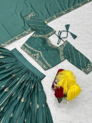 Stylish Chinon  Teal Green Sequence Lehenga by Fab Funda