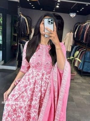 Stylish  Cotton Hand block print 3 piece Anarkali kurti set