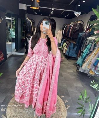 Stylish  Cotton Hand block print 3 piece Anarkali kurti set