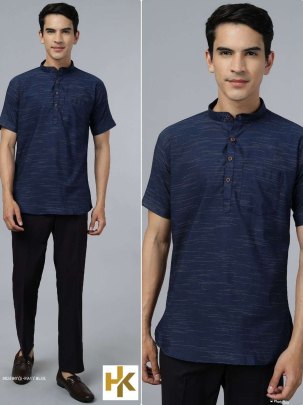 Stylish desi boys short sleeves Navy Blue khadi kurta with pocket 