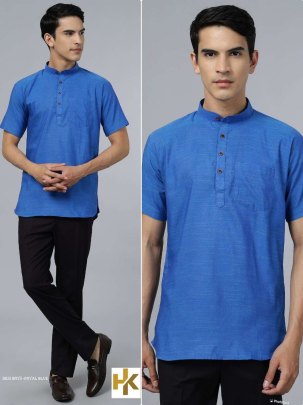 Stylish desi boys short sleeves Royal Blue khadi kurta with pocket 