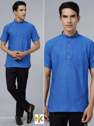 Stylish desi boys short sleeves Royal Blue khadi kurta with pocket