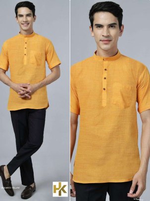 Stylish desi boys short sleeves Yellow khadi kurta with pocket