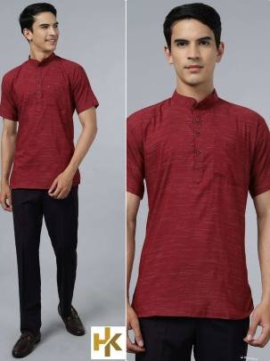 Stylish desi boys short sleeves Maroon khadi kurta with pocket