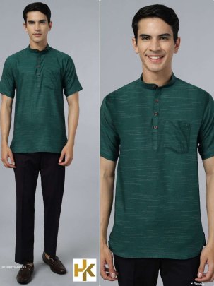 Stylish desi boys short sleeves Green khadi kurta with pocket
