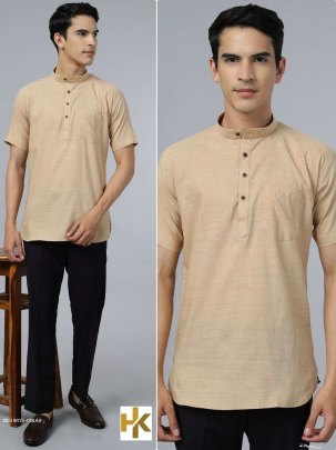 Stylish desi boys short sleeves Cream khadi kurta with pocket