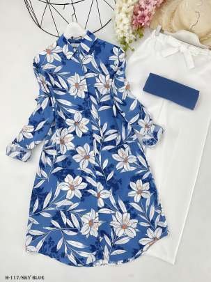 Stylish Digital Print Rayon Sky Blue Kurtis Plazzo Set