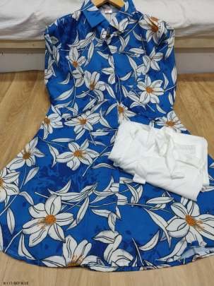 Stylish Digital Print Rayon Sky Blue Kurtis Plazzo Set