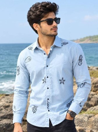 Stylish Embroidery Work Sky Blue Shirt For Mens