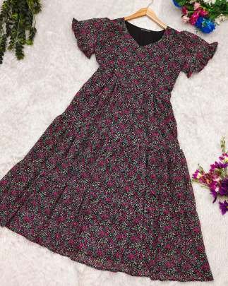 Stylish Floral Printed Fox Georgette Western One Piece Dress