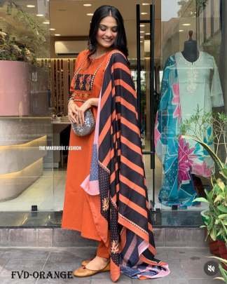 stylish Orange Color Rayon Kurti Set with mirror work