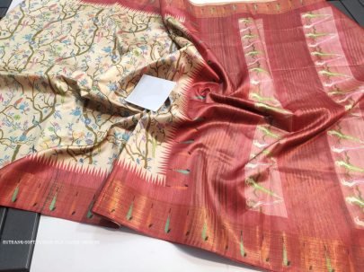 Stylish Orange color tussar silk saree with digital printed work