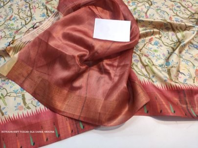 Stylish Orange color tussar silk saree with digital printed work