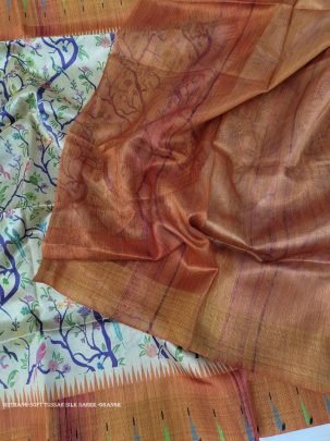 Stylish Orange color tussar silk saree with digital printed work