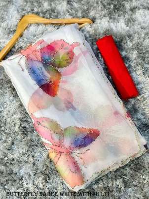 Stylish Organza Butterfly White With Multi Saree