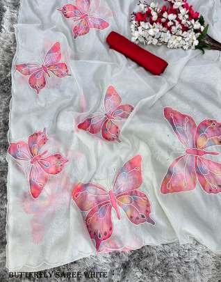 Stylish Organza Butterfly White Saree