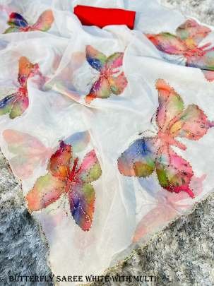 Stylish Organza Butterfly White With Multi Saree