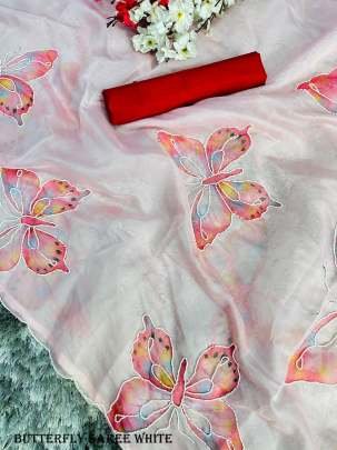Stylish Organza Butterfly White Saree