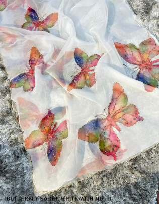 Stylish Organza Butterfly White With Multi Saree