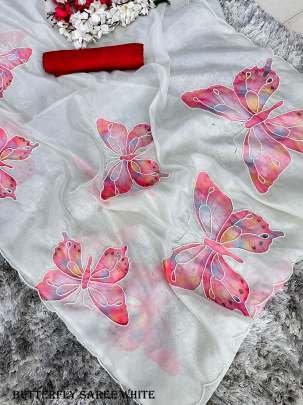 Stylish Organza Butterfly White Saree