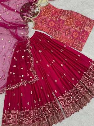 Stylish Pink Chinon Palazzo Suit With Sequence And Mirror Work 