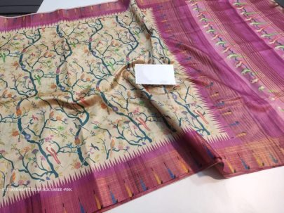 Stylish Pink color tussar silk saree with digital printed work