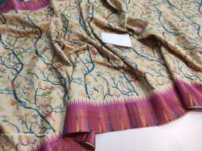 Stylish Pink color tussar silk saree with digital printed work