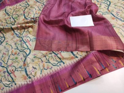 Stylish Pink color tussar silk saree with digital printed work