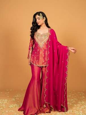 Stylish Pink Embroidered Kurti With Flared Palazzo And Dupatta Set