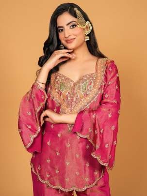 Stylish Pink Embroidered Kurti With Flared Palazzo And Dupatta Set
