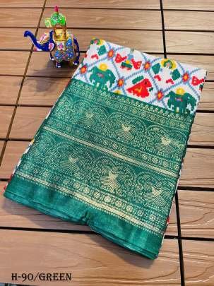 Stylish Printed Dola Silk Green Color Saree With Zari Work