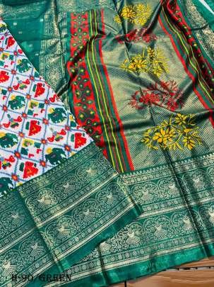 Stylish Printed Dola Silk Green Color Saree With Zari Work