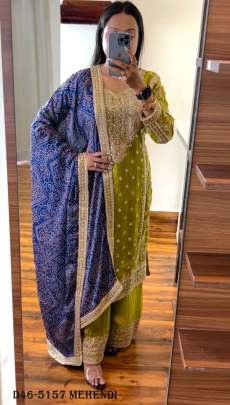 Stylish Pure Chinon Silk Mehendi Suit Set